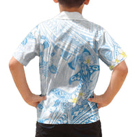 Polynesia Hammerhead Shark Family Matching Puletasi and Hawaiian Shirt Tropical Flowers Tribal Pattern Blue