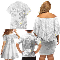 Polynesia Hammerhead Shark Family Matching Off Shoulder Short Dress and Hawaiian Shirt Tropical Flowers Tribal Pattern White