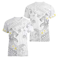 Polynesia Hammerhead Shark Women V-Neck T-Shirt Tropical Flowers Tribal Pattern White