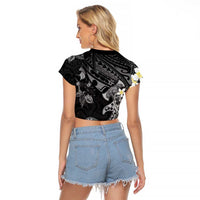 Polynesia Hammerhead Shark Raglan Cropped T Shirt Tropical Flowers Tribal Pattern Black