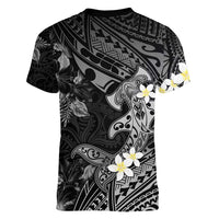 Polynesia Hammerhead Shark Women V-Neck T-Shirt Tropical Flowers Tribal Pattern Black