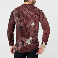 Polynesia Hammerhead Shark Button Sweatshirt Tropical Flowers Tribal Pattern Oxblood