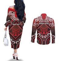 Personalised New Zealand Aotearoa Couples Matching Off The Shoulder Long Sleeve Dress and Long Sleeve Button Shirt Te Reo Maori Ake Ake Ake LT05 - Polynesian Pride