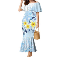 FSM Chuuk Constitution Day Family Matching Mermaid Dress and Hawaiian Shirt Polynesian Curves Plumeria LT05 Mom's Dress Blue - Polynesian Pride