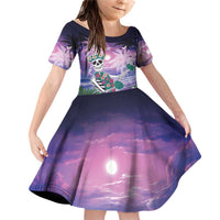 Happy Hulaween Family Matching Off Shoulder Short Dress and Hawaiian Shirt Mahaloween Skeleton Dancing LT05 Daughter's Dress Purple - Polynesian Pride