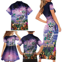 Happy Hulaween Family Matching Short Sleeve Bodycon Dress and Hawaiian Shirt Mahaloween Skeleton Dancing LT05 - Polynesian Pride