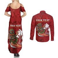 Personalised Aloha Halloween Couples Matching Summer Maxi Dress and Long Sleeve Button Shirt Skeleton Surfing