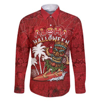 Personalised Aloha Halloween Family Matching Short Sleeve Bodycon Dress and Hawaiian Shirt Skeleton Surfing LT05 Dad's Shirt - Long Sleeve Red - Polynesian Pride