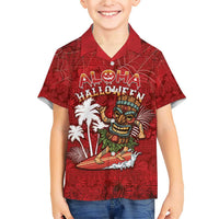 Personalised Aloha Halloween Family Matching Short Sleeve Bodycon Dress and Hawaiian Shirt Skeleton Surfing LT05 Son's Shirt Red - Polynesian Pride