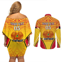 Custom Papua New Guinea Rugby Couples Matching Off Shoulder Short Dress and Long Sleeve Button Shirt 2023 Pacific Championships The Kumuls LT05 - Polynesian Pride