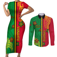 Personalised Vanuatu Happy Unity Day Couples Matching Short Sleeve Bodycon Dress and Long Sleeve Button Shirt Polynesian Plumeria LT05 Red - Polynesian Pride
