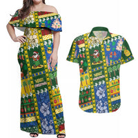 Solomon Islands Christmas Couples Matching Off Shoulder Maxi Dress and Hawaiian Shirt Festive Beach Vibes - Polynesian Pride