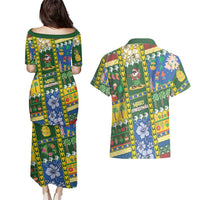 Solomon Islands Christmas Couples Matching Puletasi and Hawaiian Shirt Festive Beach Vibes - Polynesian Pride