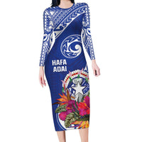 Hafa Adai Northern Mariana Islands Long Sleeve Bodycon Dress Polynesian Tribal Pattern LT05 Long Dress Blue - Polynesian Pride