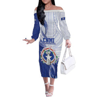 Personalized Northern Mariana Islands Family Matching Off The Shoulder Long Sleeve Dress and Hawaiian Shirt CNMI Seal LT05 Mom's Dress Blue - Polynesian Pride