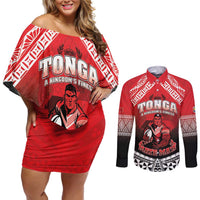Custom Rugby Tonga MMT Couples Matching Off Shoulder Short Dress and Long Sleeve Button Shirt Mana O Tonga LT05 Red - Polynesian Pride