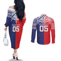 Custom Rugby Samoa And Tonga Couples Matching Off The Shoulder Long Sleeve Dress and Long Sleeve Button Shirt Toa Samoa With Mate Maa - Polynesian Pride