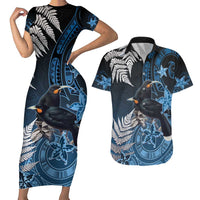 New Zealand Huia Bird Couples Matching Short Sleeve Bodycon Dress and Hawaiian Shirt Aotearoa Maori Pattern LT05 Navy - Polynesian Pride