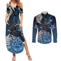 New Zealand Huia Bird Couples Matching Summer Maxi Dress and Long Sleeve Button Shirt Aotearoa Maori Pattern