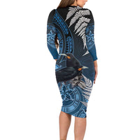 New Zealand Huia Bird Family Matching Long Sleeve Bodycon Dress and Hawaiian Shirt Aotearoa Maori Pattern LT05 - Polynesian Pride