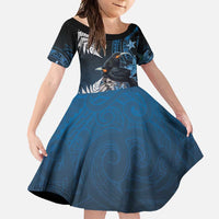 New Zealand Huia Bird Family Matching Off Shoulder Maxi Dress and Hawaiian Shirt Aotearoa Maori Pattern LT05 Daughter's Dress Navy - Polynesian Pride