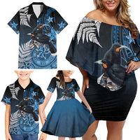 New Zealand Huia Bird Family Matching Off Shoulder Short Dress and Hawaiian Shirt Aotearoa Maori Pattern LT05 - Polynesian Pride