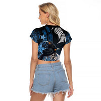 New Zealand Huia Bird Raglan Cropped T Shirt Aotearoa Maori Pattern