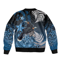 New Zealand Huia Bird Sleeve Zip Bomber Jacket Aotearoa Maori Pattern