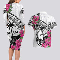 Guam Chamorro Couples Matching Long Sleeve Bodycon Dress and Hawaiian Shirt Bougainvillea White Polynesian Tribal Pattern