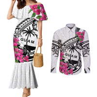 Guam Chamorro Couples Matching Mermaid Dress and Long Sleeve Button Shirt Bougainvillea White Polynesian Tribal Pattern