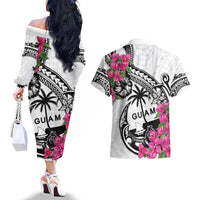 Guam Chamorro Couples Matching Off The Shoulder Long Sleeve Dress and Hawaiian Shirt Bougainvillea White Polynesian Tribal Pattern