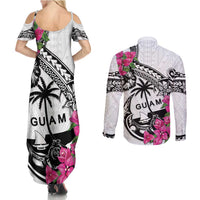 Guam Chamorro Couples Matching Summer Maxi Dress and Long Sleeve Button Shirt Bougainvillea White Polynesian Tribal Pattern