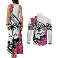 Guam Chamorro Couples Matching Tank Maxi Dress and Long Sleeve Button Shirt Bougainvillea White Polynesian Tribal Pattern