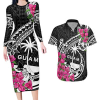 Guam Chamorro Couples Matching Long Sleeve Bodycon Dress and Hawaiian Shirt Bougainvillea Black Polynesian Tribal Pattern