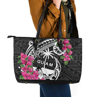 Guam Chamorro Leather Tote Bag Bougainvillea Black Polynesian Tribal Pattern