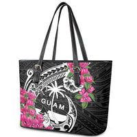 Guam Chamorro Leather Tote Bag Bougainvillea Black Polynesian Tribal Pattern