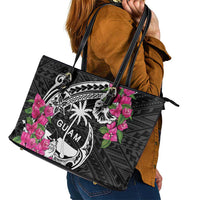 Guam Chamorro Leather Tote Bag Bougainvillea Black Polynesian Tribal Pattern