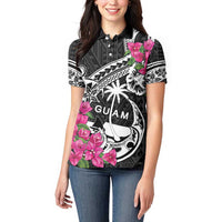 Guam Chamorro Women Polo Shirt Bougainvillea Black Polynesian Tribal Pattern LT05 - Polynesian Pride