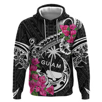 Guam Chamorro Zip Hoodie Bougainvillea Black Polynesian Tribal Pattern