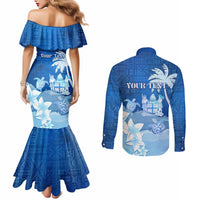 Personalised Bula Fiji Couples Matching Mermaid Dress and Long Sleeve Button Shirt Fijian Masi Pattern With Blue Coat Of Arms LT05 - Polynesian Pride