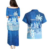 Personalised Bula Fiji Couples Matching Puletasi and Hawaiian Shirt Fijian Masi Pattern With Blue Coat Of Arms LT05 - Polynesian Pride