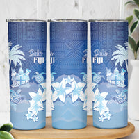 Bula Fiji Skinny Tumbler Fijian Masi Pattern With Blue Coat Of Arms