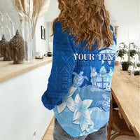Personalised Bula Fiji Women Casual Shirt Fijian Masi Pattern With Blue Coat Of Arms LT05 - Polynesian Pride