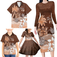 Personalised Bula Fiji Family Matching Long Sleeve Bodycon Dress and Hawaiian Shirt Fijian Masi Pattern With Brown Coat Of Arms LT05 - Polynesian Pride