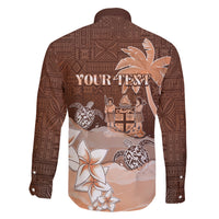 Personalised Bula Fiji Family Matching Long Sleeve Bodycon Dress and Hawaiian Shirt Fijian Masi Pattern With Brown Coat Of Arms LT05 - Polynesian Pride