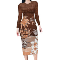 Personalised Bula Fiji Family Matching Long Sleeve Bodycon Dress and Hawaiian Shirt Fijian Masi Pattern With Brown Coat Of Arms LT05 Mom's Dress Brown - Polynesian Pride