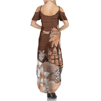 Personalised Bula Fiji Family Matching Summer Maxi Dress and Hawaiian Shirt Fijian Masi Pattern With Brown Coat Of Arms LT05 - Polynesian Pride