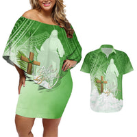 Happy Palm Sunday Couples Matching Off Shoulder Short Dress and Hawaiian Shirt With Polynesian Pattern LT05 Green - Polynesian Pride