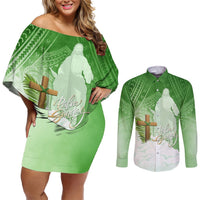 Happy Palm Sunday Couples Matching Off Shoulder Short Dress and Long Sleeve Button Shirt With Polynesian Pattern LT05 Green - Polynesian Pride
