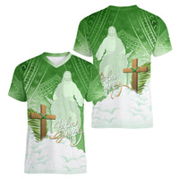 Happy Palm Sunday Women V Neck T Shirt With Polynesian Pattern LT05 - Polynesian Pride